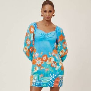 Farm Rio x Anthropologie Blue Floral Linen Blend Long Sleeve Mini Dress